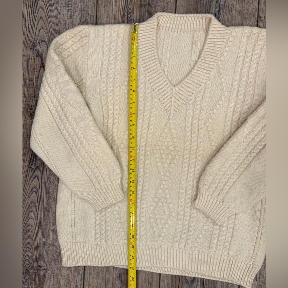 Handmade Cream Cable-Knit Wool Sweater • Heavy Chunky Knit • V-Neck - Picture 8 of 8